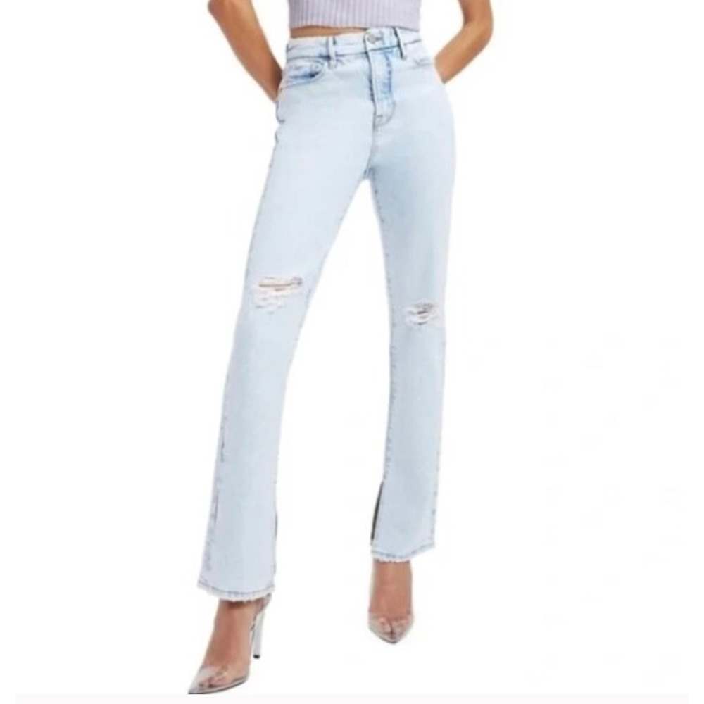 Good American Good Boy Straight‎ Leg Jeans 6/28 Distressed Light Hem Slit GB062T